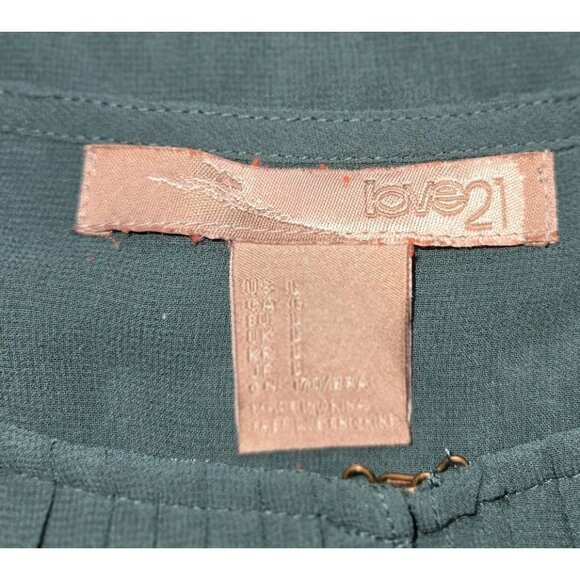 LOVE 21 Emerald Green Blouse Long Sleeve Sheer Tunic Pleated Large Layered Cardi - Picture 7 of 12